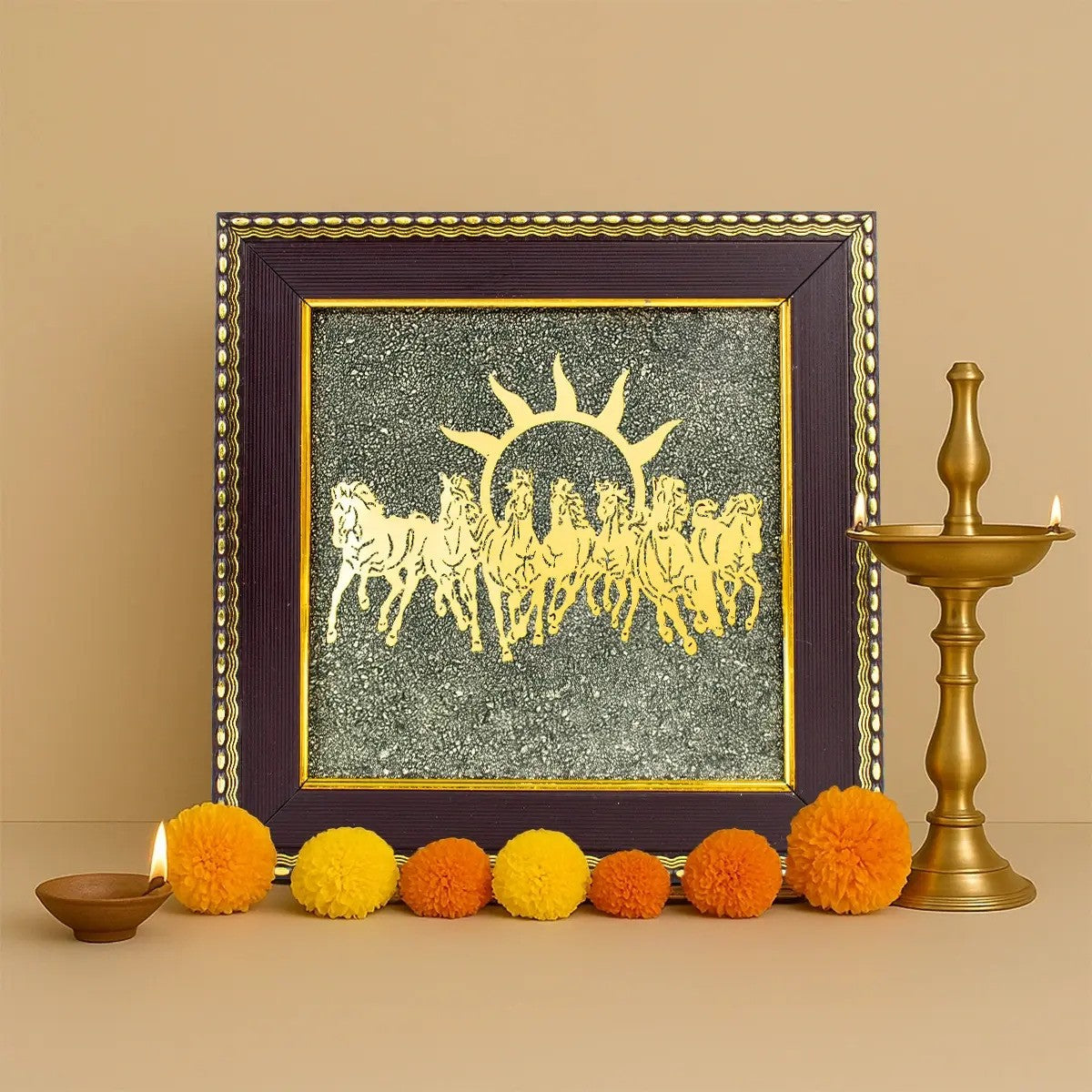 7 Horses on Raw Pyrite Frame with FREE Shree Yantra (6*6 inch) Secondary image